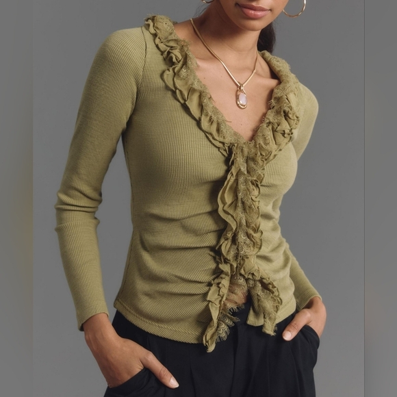 Olive Green By Anthropologie Ruffled Lace Frilly Cardigan Top XXS - Picture 1 of 9